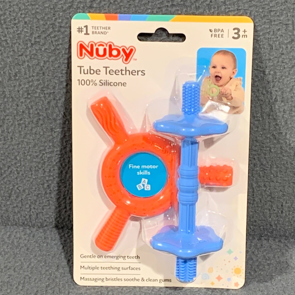 Nuby Tube Teethers Baby 3m+ Silicone BPA Free Blue Orange Sensory Relief Toy